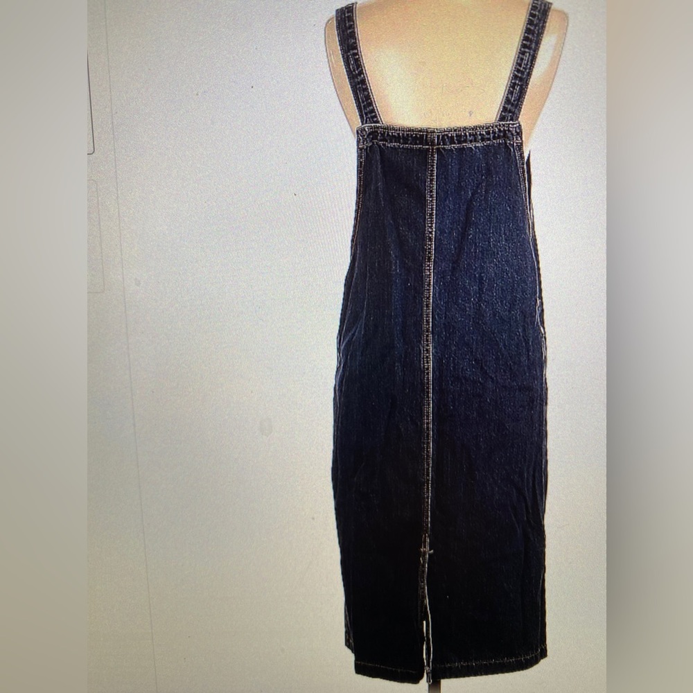 overall denim dress contrast stitching front patch pocket adjustable Straps S - Picture 3 of 10